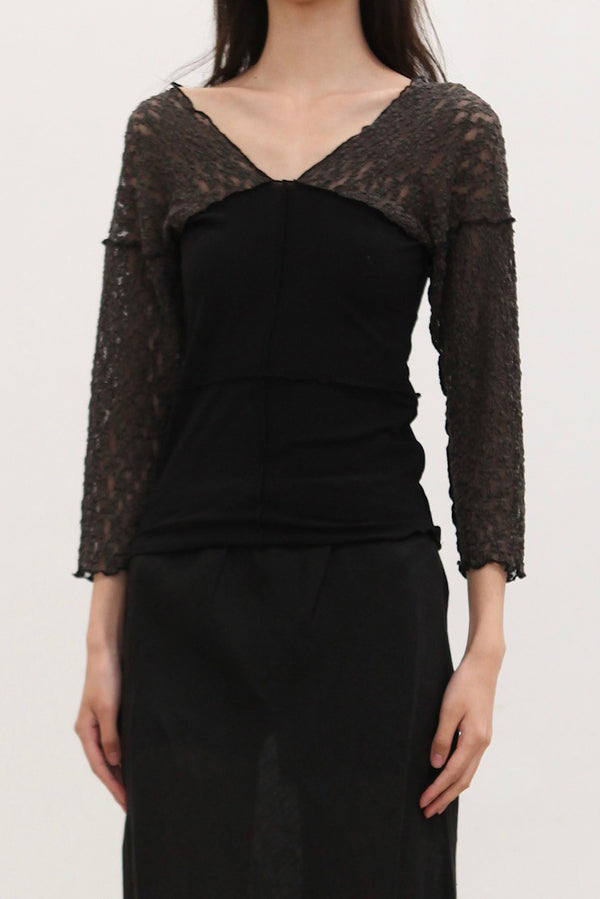 BASERANGE France organic cotton 25 early spring lace stitching long-sleeved T-shirt BAS-TONLS-LA-SU25-BLACK